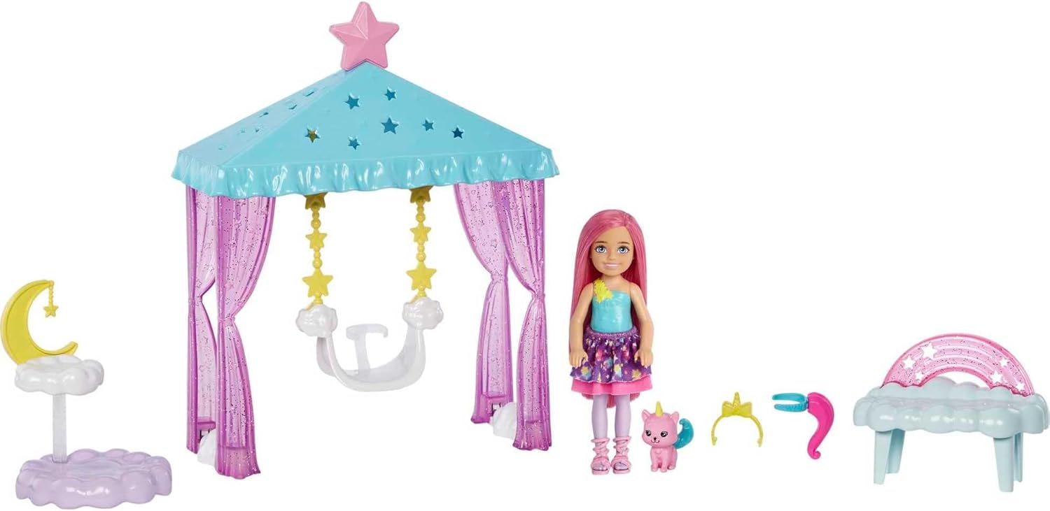 Barbie Dreamtopia Chelsea Small Doll and Accessories, Playset with Gazebo Swing, Kitten and More, HLC27