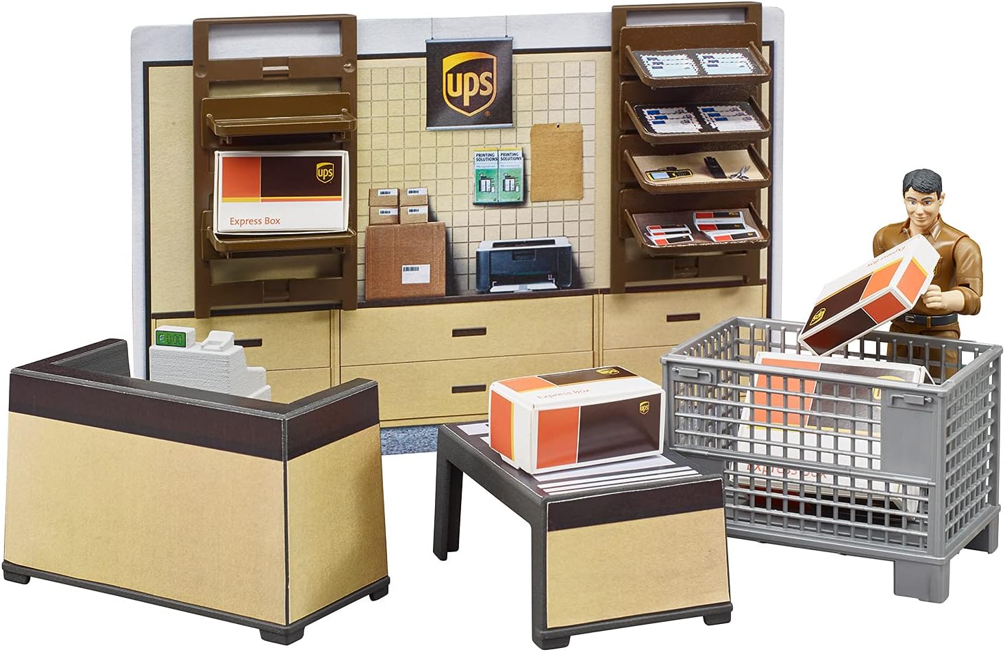 bruder 62250 - Bworld UPS Paketshop mit Tresen, Kasse, Paketwaage, Gitterbox, Pakete, Mitarbeiter & Wandregal - 1:16 Versand Logistik Spielzeug Paketdienst