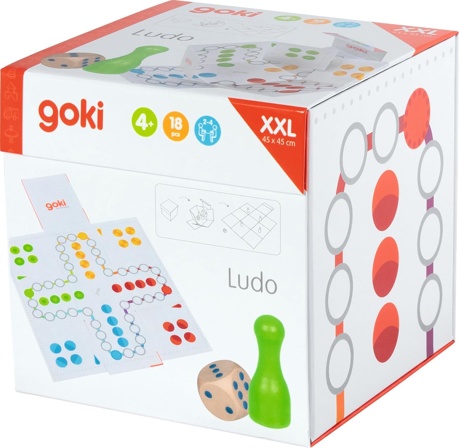 GOKI 56638 Ludo XXL en un cubo desplegable Games table, Multicolored, One size