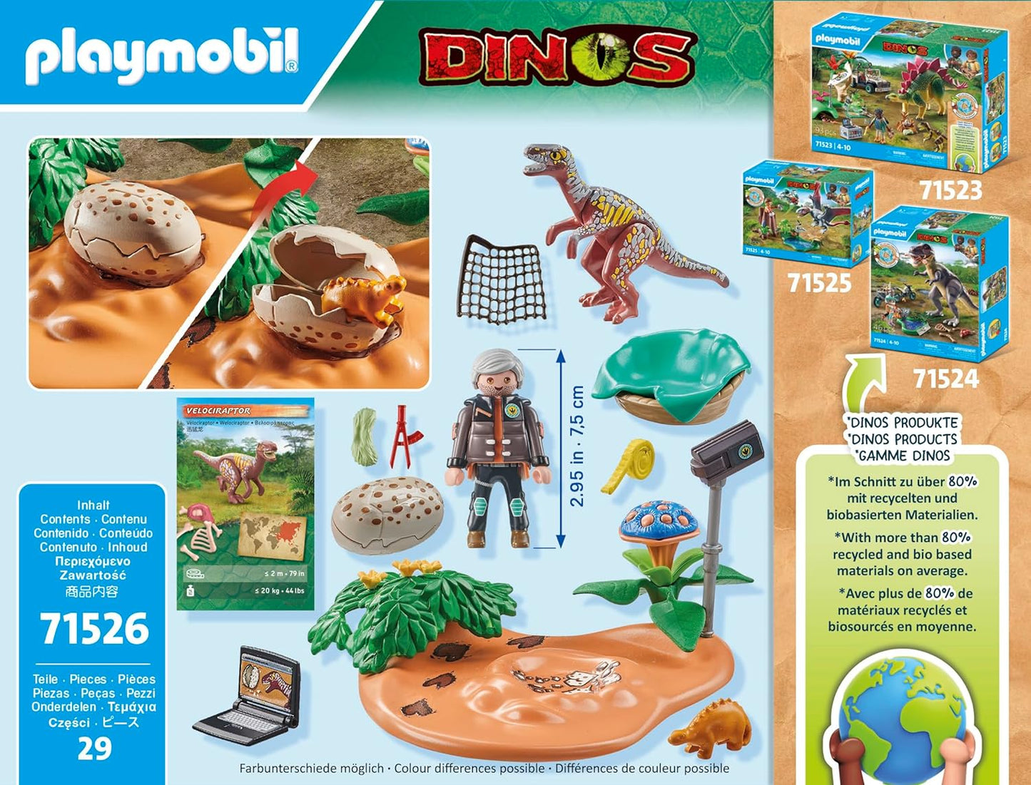 Playmobil 71526 Dinos: Stegosaurus Nest with Egg Thief, protecting dinosaur eggs from the Velociraptor, including net, measuring tape and camera, sustainable play sets suitable for children ages 4+