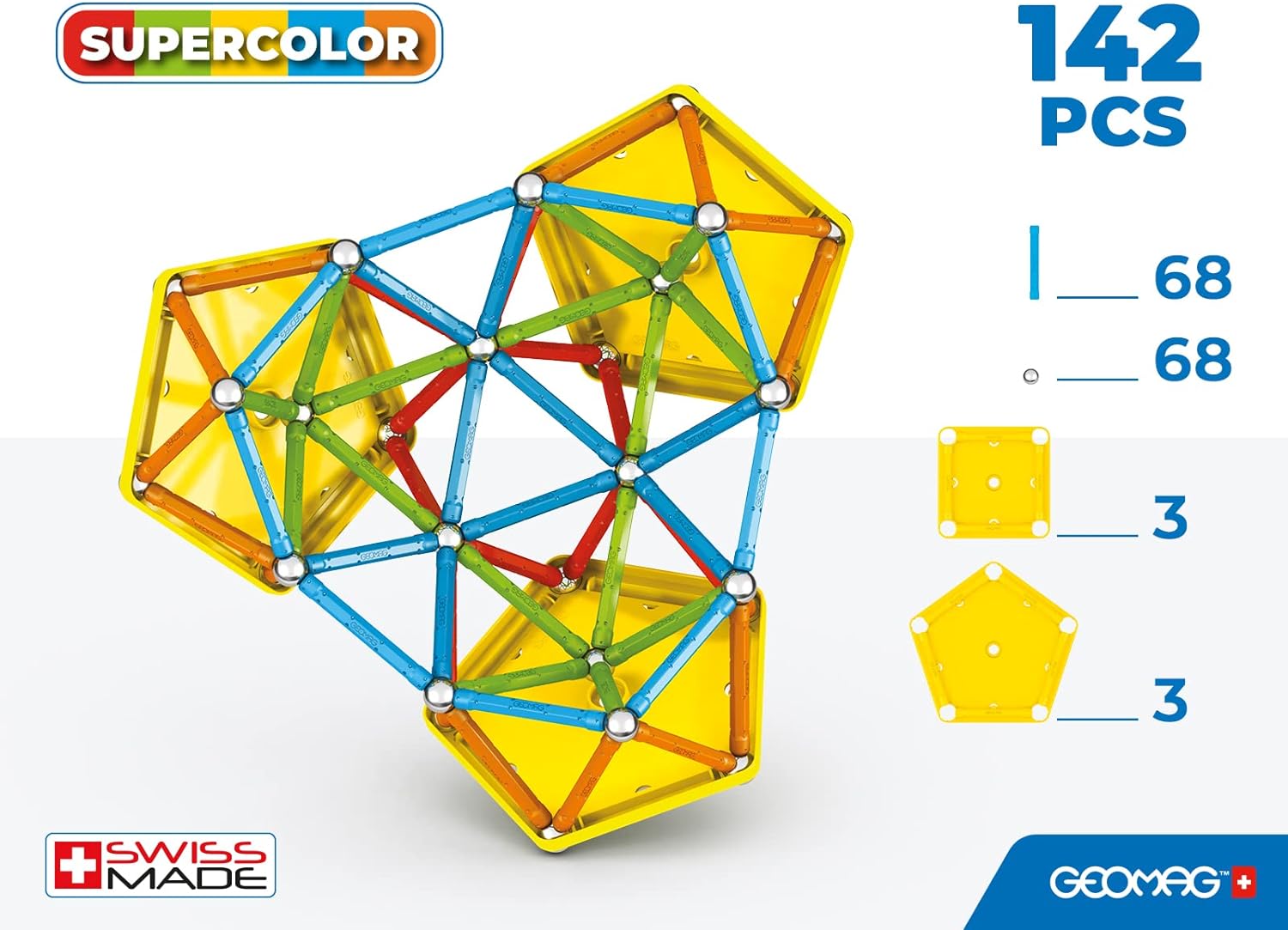 Geomag Classic Supercolor Panels Recycled 142, Magnetic Constructions, Rods, And Colored Panels, 142-Piece Pack, 100% Recycled Plastic