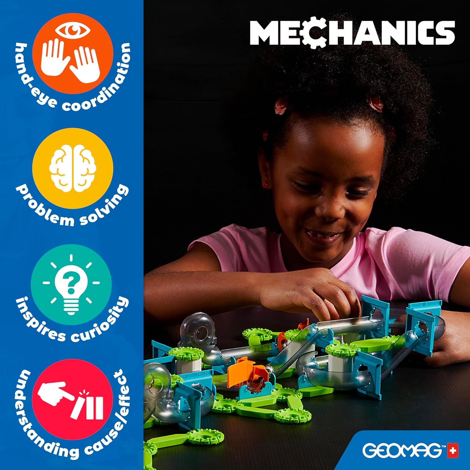 Geomag - Mechanics Gravity Loops & Turns - Educational and Creative Game for Children - Circuit with Magnetic Building Blocks, Recycled Plastic - Set of 130 Pieces, White, Green, Orange, Blue