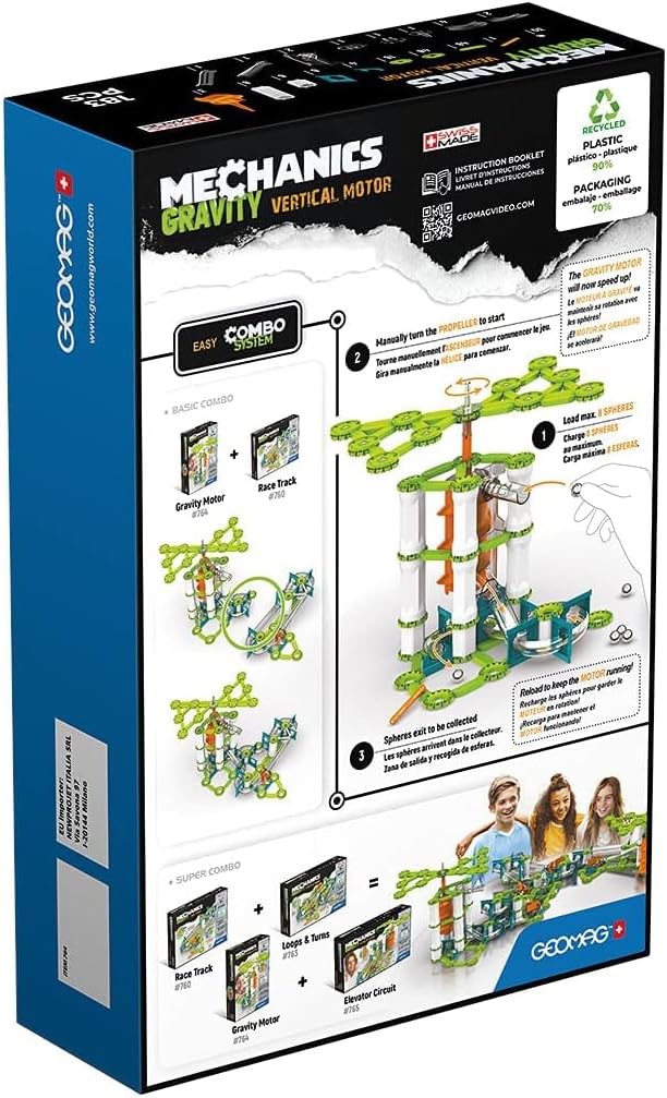 Geomag - Mechanics Gravity Vertical Motor - Educational and Creative Game for Children - Magnetic Building Blocks, Vertical Motors with Magnetic Blocks, Recycled Plastic - Set of 183 Pieces