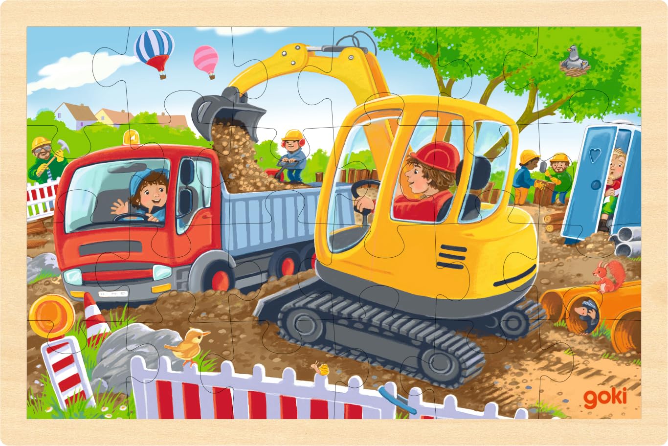 goki 57338 - inlegpuzzel graafmachine - 24 robuuste houten onderdelen - perfect voor kleine bouwplaatsfans
