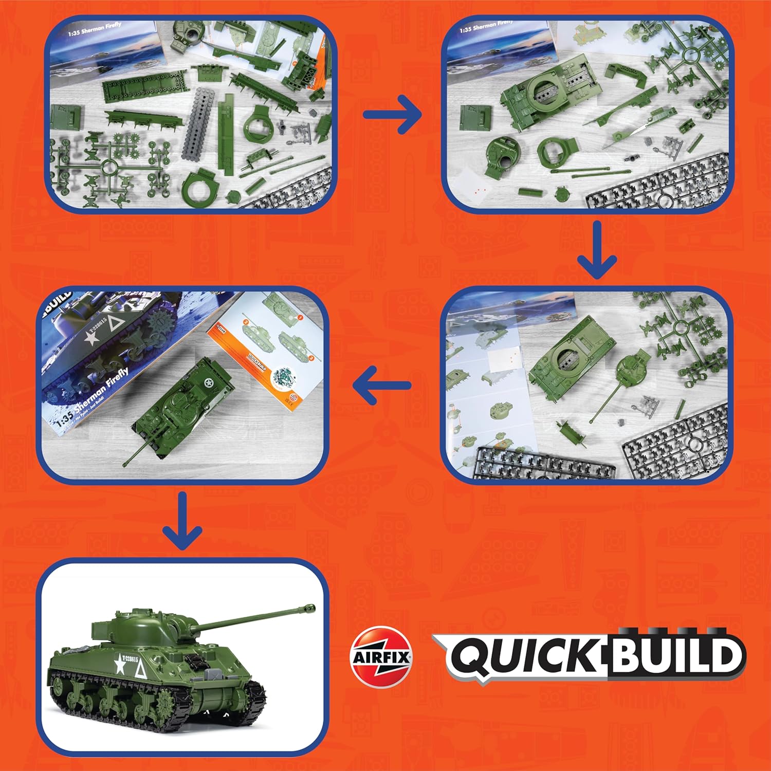 Airfix QUICKBUILD Model Tank Kit - J6042 Sherman Firefly Tank Building Kit for Kids 6+, Construction Toys for Boys & Girls, Model Making with No Glue - Classic Tank Gifts Plastic Model Kits