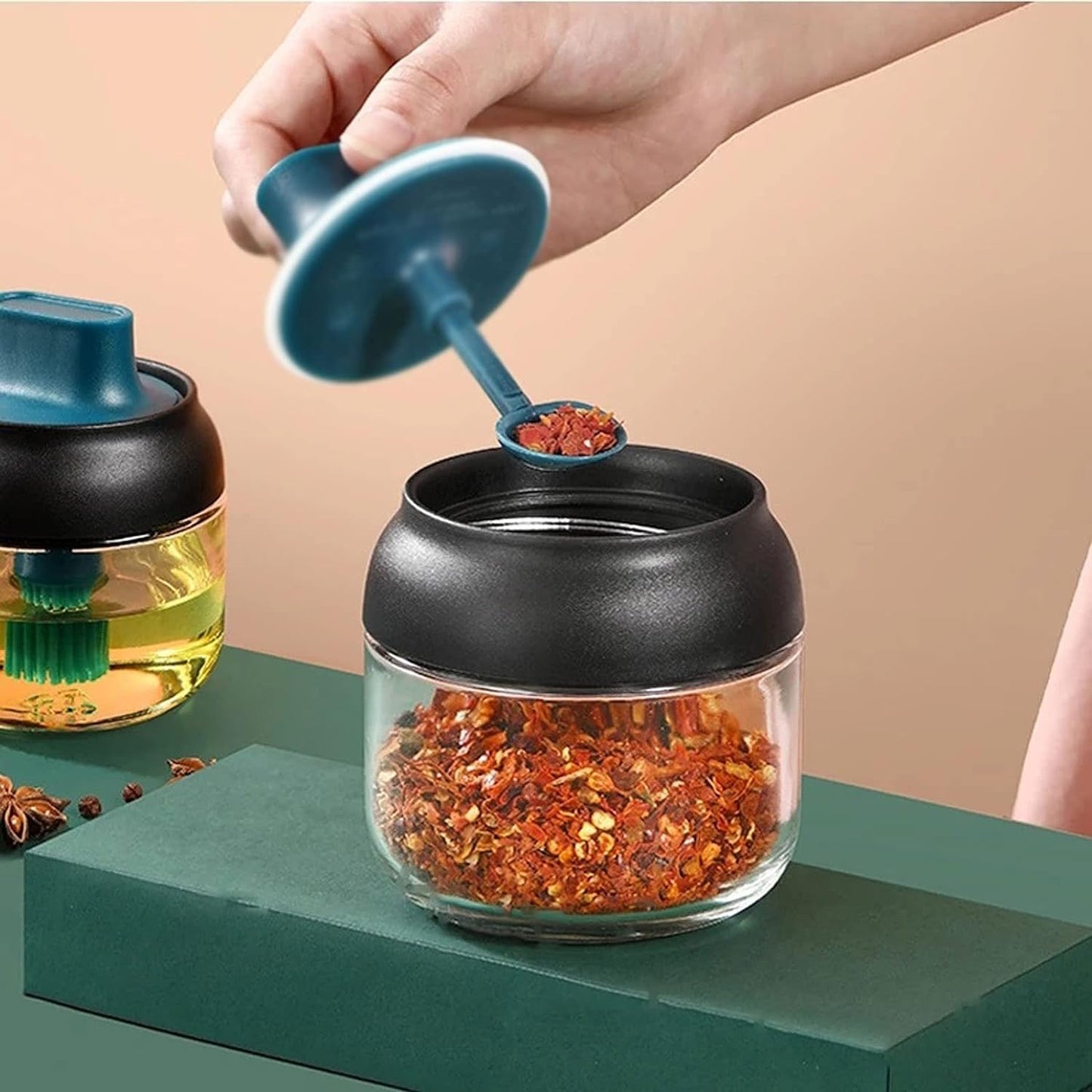 Houjiiloll TLP kruidenrek, glazen kruidendoos lepel en deksel geïntegreerde kruidenpot combinatie kruidenpot keukenbenodigdheden thuis zoutvaatje oliefles set (kleur: zwart, maat: 1 stuk) 1PC Zwart