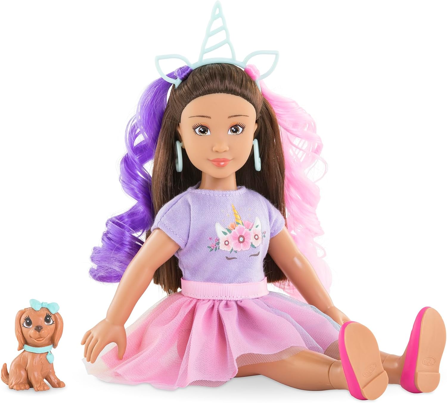 Corolle Girls Luna Unicorn Set, Dressing Doll with Dog, Unicorn Headband, Earrings and Extra Inline Skates, Vanilla Fragrance, 28 cm, from 4 Years