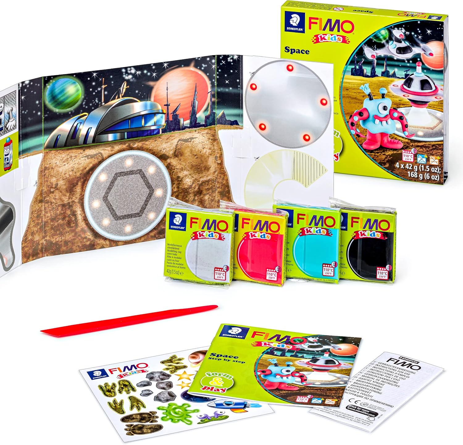 STAEDTLER 8034 17 LZ FIMO Kids Form&Play Playtime & Modelling Polymer Clay Set - "Space Monsters" (Pack of 4 Blocks, Stickers, Modelling Tools & Background Scene