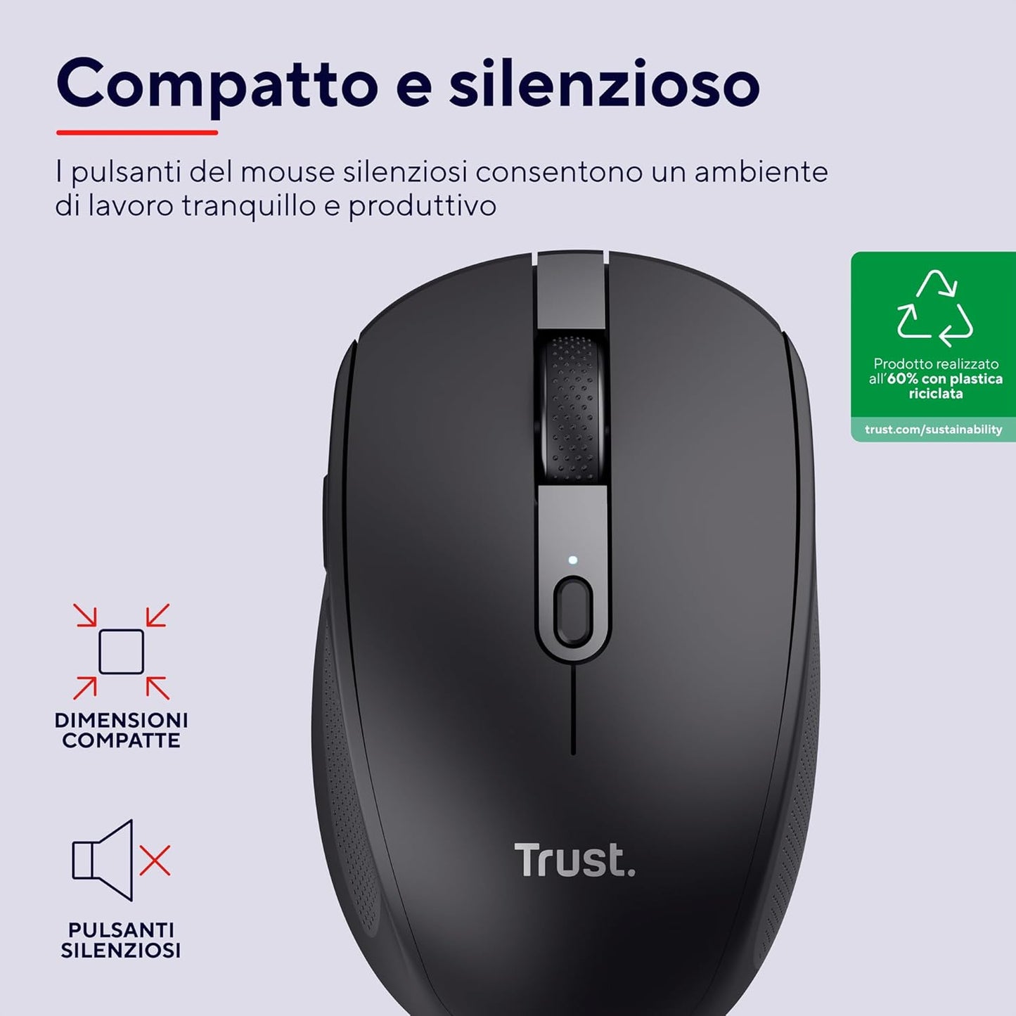 Trust Ozaa Mouse Wireless Bluetooth + 2.4GHz, Mouse senza Fili Silenzioso Compatto, 60% Plastica Riciclata, Mouse Bluetooth Ricaricabile Laptop PC Computer Windows Android Mac - Nero