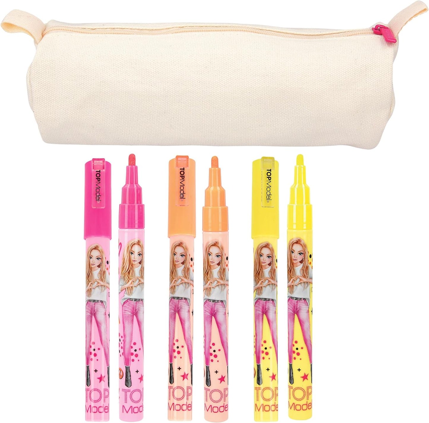 Depesche TOPModel 12093 Colour Your Pencil Case Beige Personalised with 3 Neon Markers to Paint