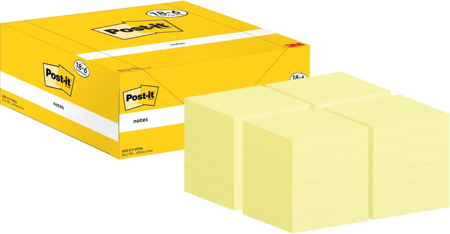 Post-it Foglietti Canary Yellow, Confezione da 18 blocchetti + 6 GRATIS, 100 Fogli per blocco, 38 mm x 51 mm, Colore Giallo - Foglietti Adesivi Fogli Adesivi per Appunti, Elenchi & Promemoria