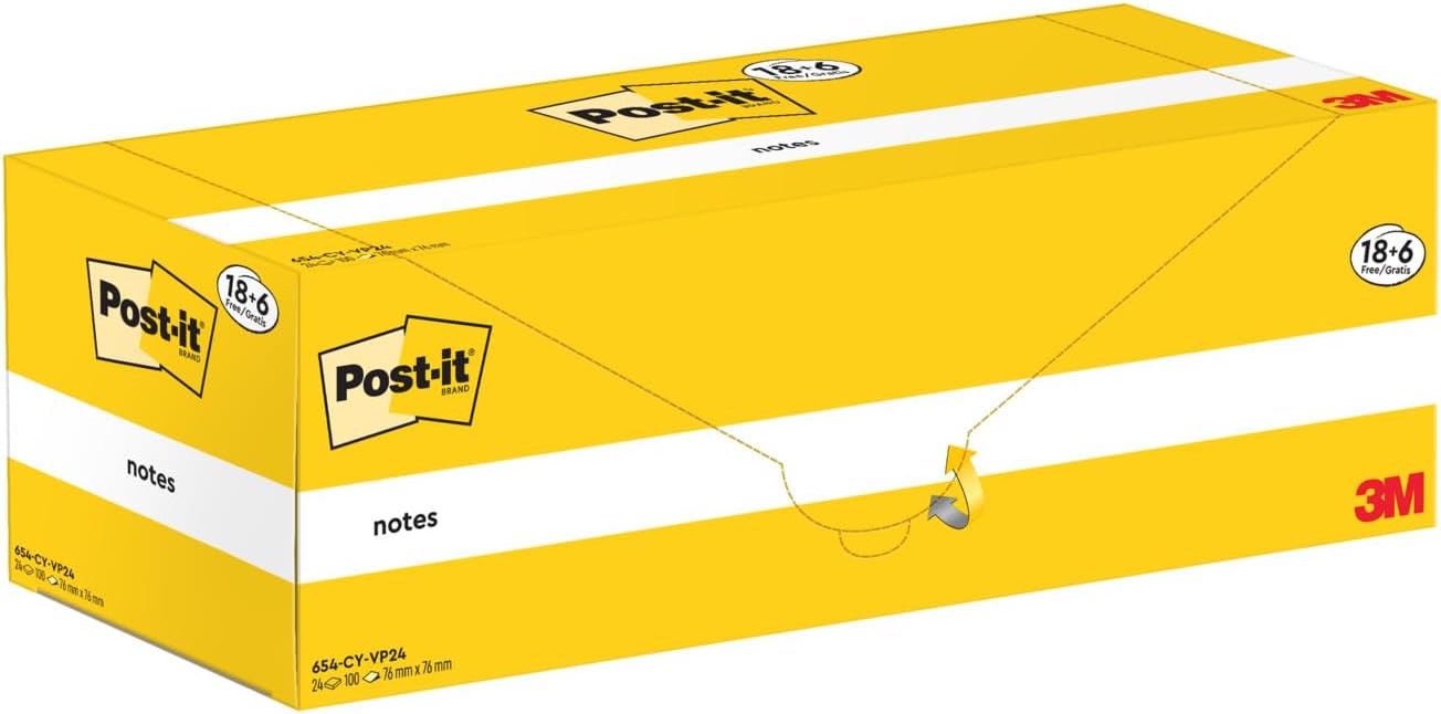 Post-it Foglietti Canary Yellow, Confezione da 18 blocchetti + 6 GRATIS, 100 Fogli per blocco, 76 mm x 76 mm, Colore Giallo - Foglietti Adesivi Fogli Adesivi per Appunti, Elenchi & Promemoria