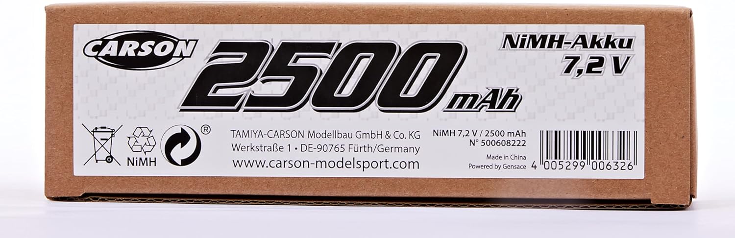 Carson 500608222-7.2 V/2500 mAh NiMH Race Battery TAM, Rechargeable, with Tamiya Plug, Battery Pack for RC Car, Replacement Battery Remote Controlled Vehicle, Model Making
