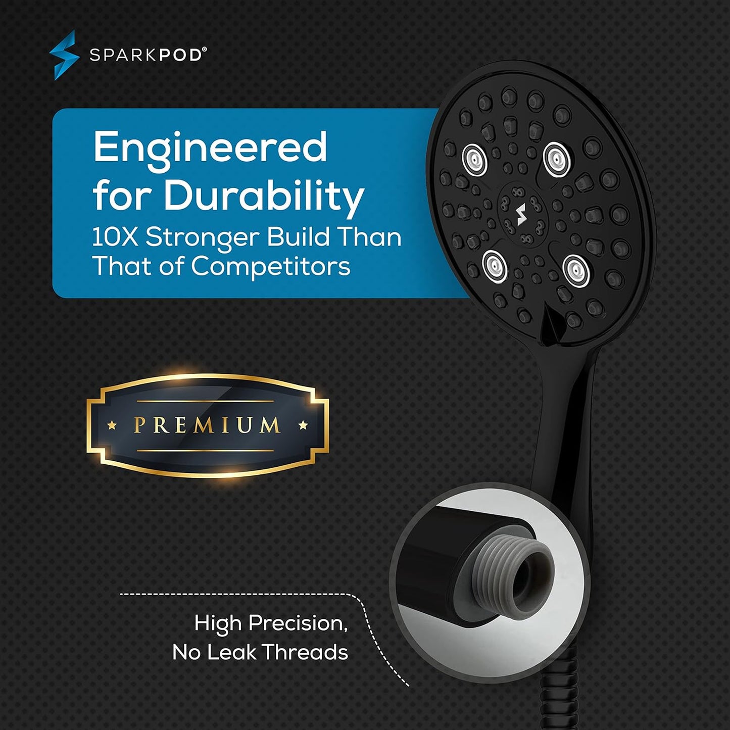 SparkPod 6 Function High Pressure Shower Head 6`` Black