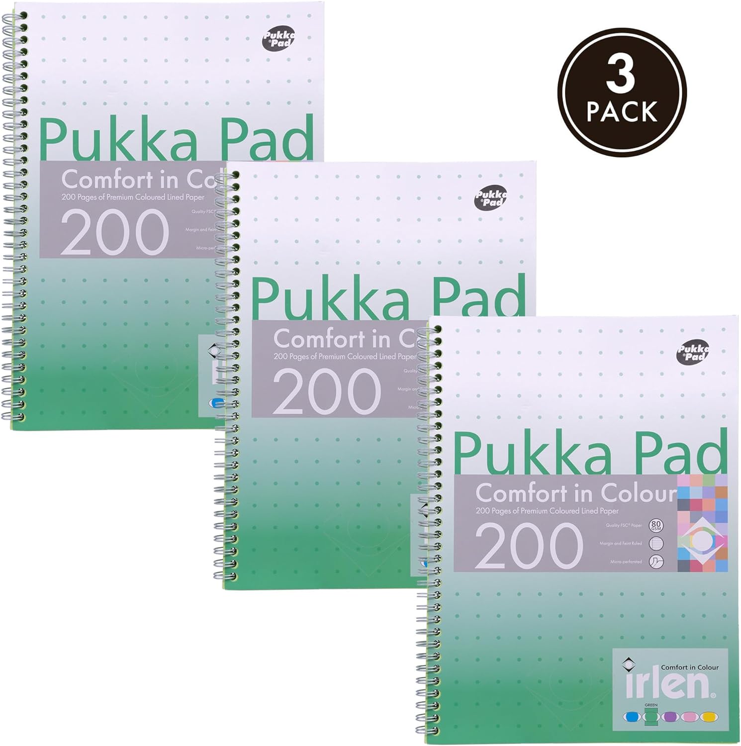 Pukka Pad, Irlen Jotta Pad A4 Notebook 3-Pack – Wire Bound Notepad 200 Pages of 80GSM Coloured FSC Certified Lined Paper – Designed for Visual Perception Difficulties – 29.7 x 23cm