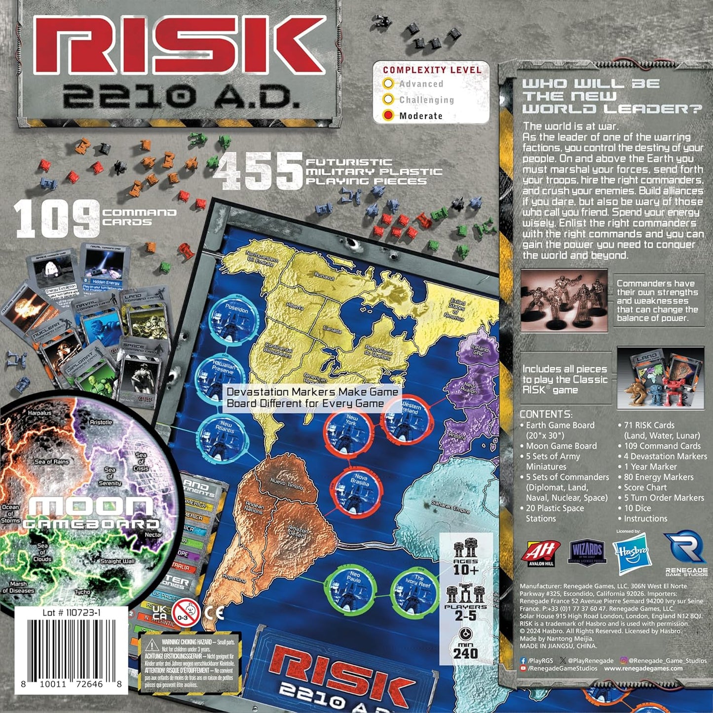 Renegade Game Studios: Risk 2210 A.D. - Risk Gameplay, New Twists, Mechs, Underwater & Moon Locations, Commanders, Ages 10+, 2-5 Players, 240 Min