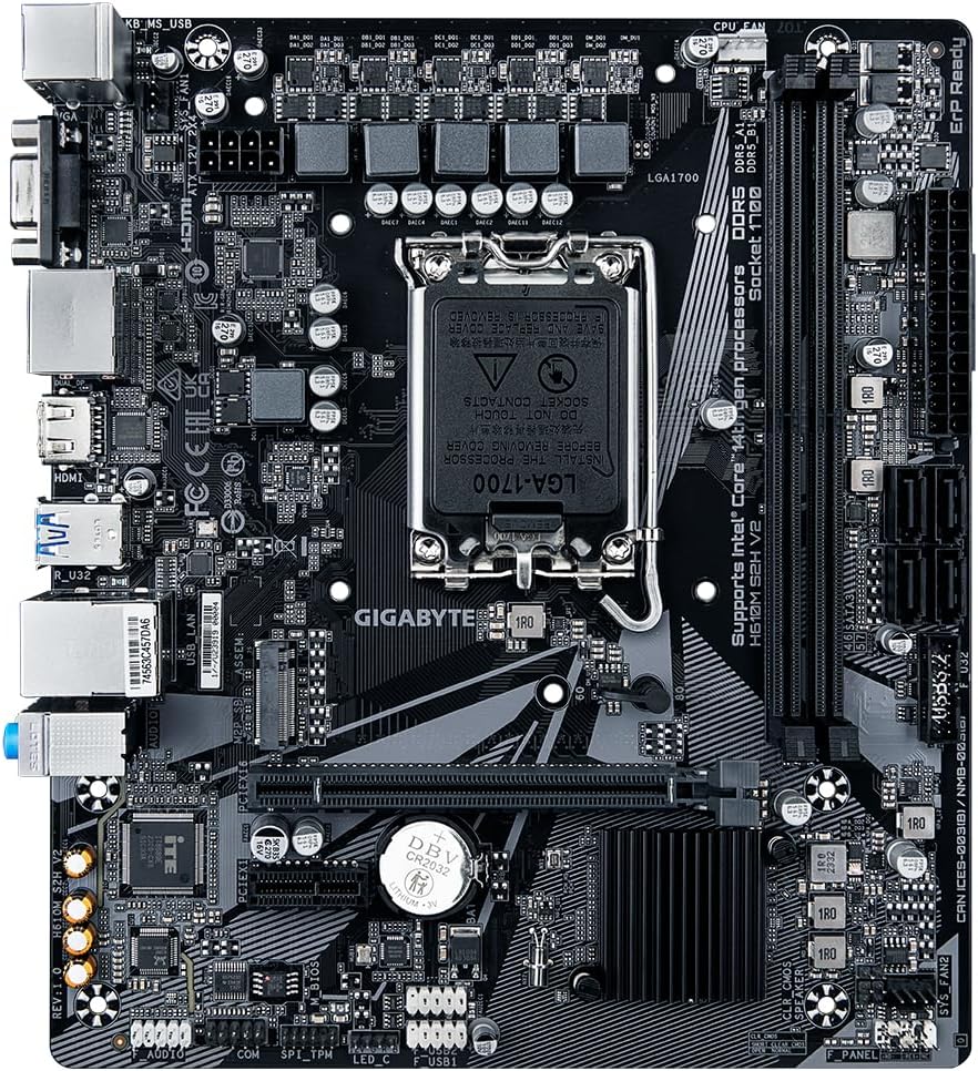 Gigabyte H610M S2H V2 Motherboard - Supports Intel Core 14th CPUs, 4+1+1 Hybrid Phases Digital VRM, up to 5600MHz DDR5, 1xPCIe 3.0 M.2, GbE LAN, USB 3.2 Gen 1