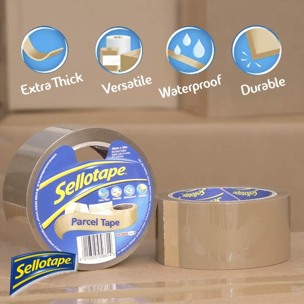 Sellotape Parcel Tape, Brown Tape for Packing, High-Strength Packaging Tape for Professional & Office Use, Packing Tape for Heavy Loads, 48 mm x 50 m