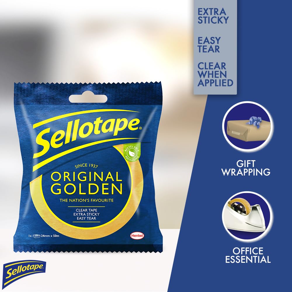 Sellotape Original Golden, Multi-Purpose Clear Tape for Household Objects, Clear Packing Tape for Sticking Envelopes or Cards, Easy to Use Packaging Tape, 24mmx50m