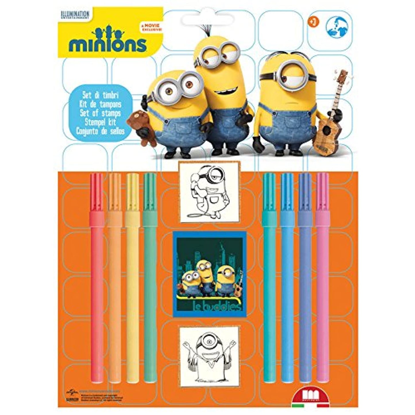 Multiprint Blister 2 Stamps for Kids Minions 2, 100% Made in Italy, Personalized Stamps for Children, in Wood and Natural Rubber, Non-toxic Washable Ink, Gift Idea, art.26896