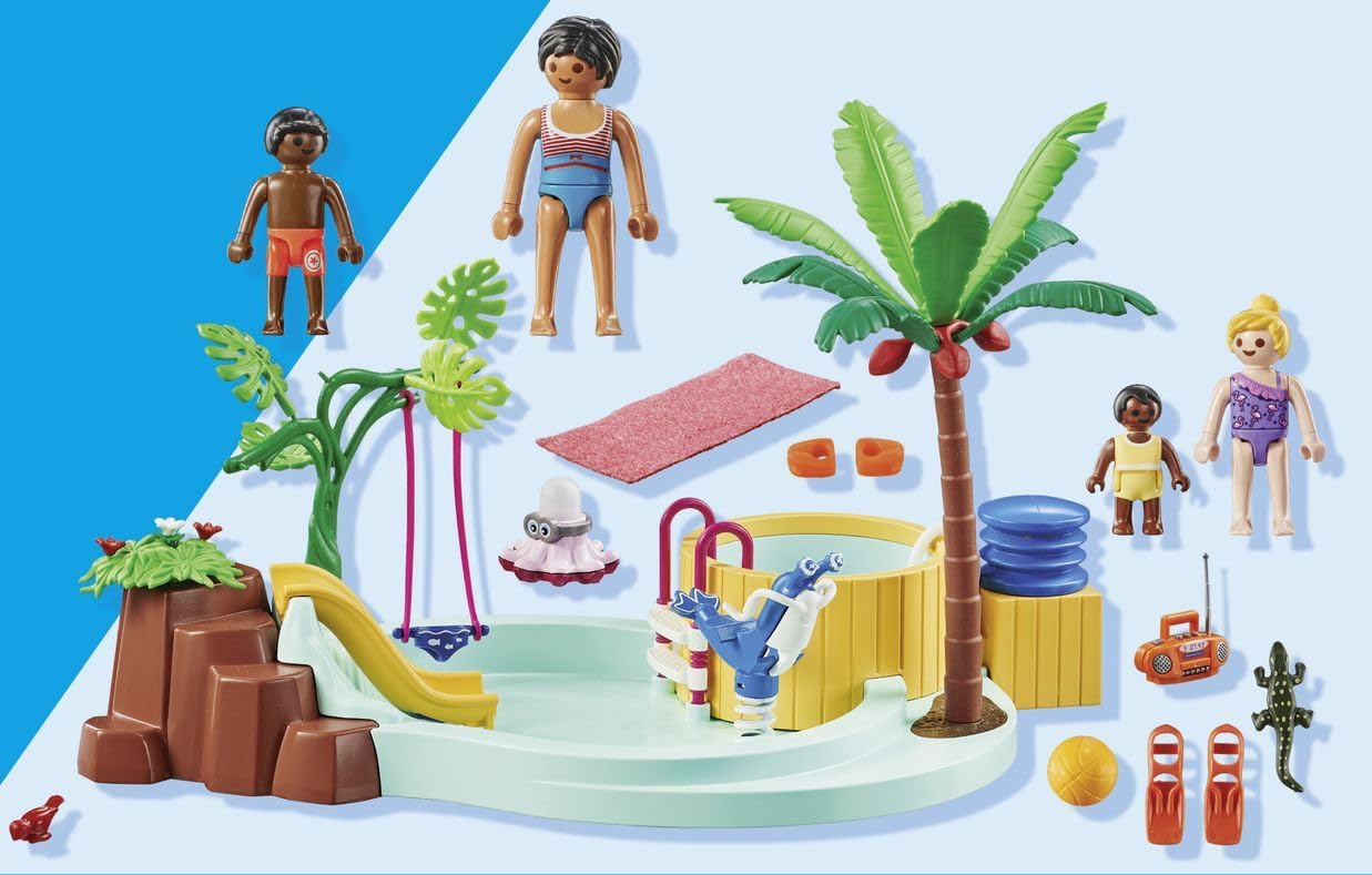 PLAYMOBIL 71529 myLife Promo Pack: Children's pool with whirlpool, water fun in the paddling pool, including wave slide, spring rocker, and baby swing, detailed play sets suitable for children ages 4+