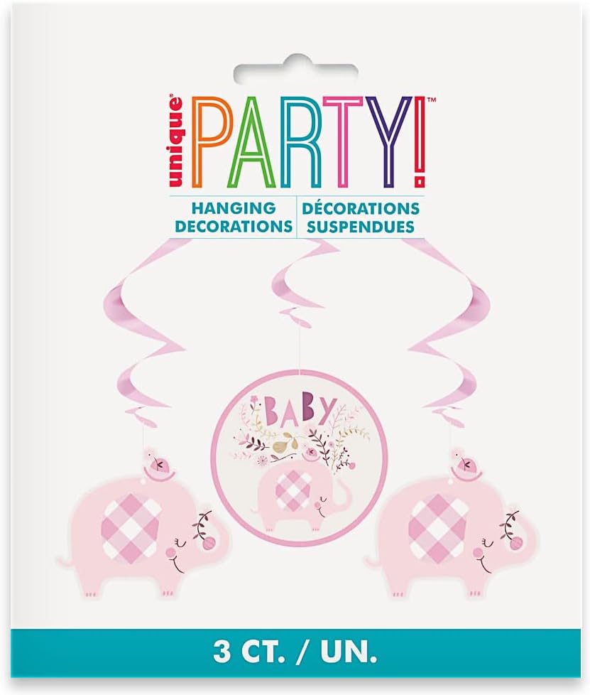 Charming Pink Floral Elephant Hanging Swirl Decorations (66cm) - Perfect for Baby Shower, Nursery, or Celebrations - 3ct