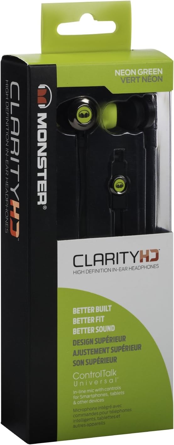 Monster Clarity HD High Definition In-Ear Headphones - Noise Isolating In-Ear - Neon Green