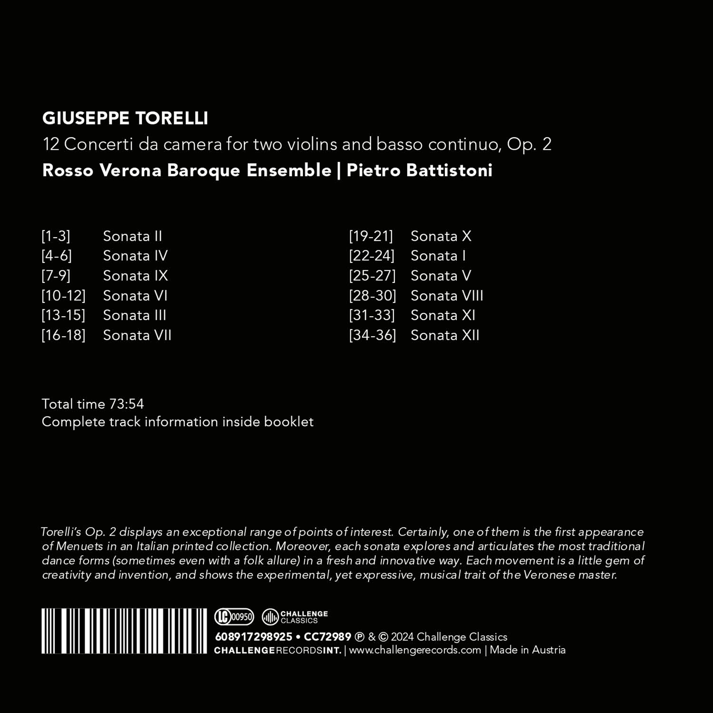 Giuseppe Torelli: 12 Concerti Da Camera for Two Violins And...