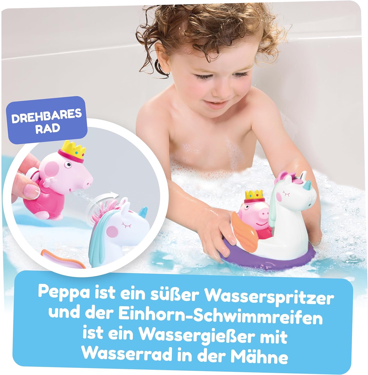 Toomies Peppa Pig Princess Peppa Bath Float - Peppa Water Squirter Bath Toy and Unicorn Pourer Float with Water Wheel Mane - Officially Licensed Peppa Pig Toys - Baby Bath Toys for +18 Months