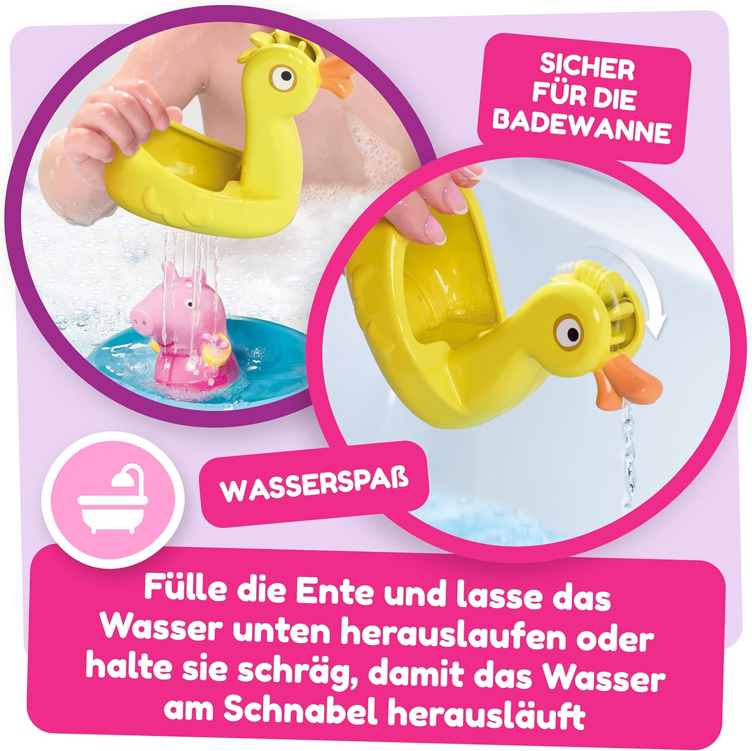 Toomies Peppa Pig Peppa and Duck Bath Float - Peppa Water Squirter Bath Toy and Duck Pourer Float with Water Wheel - Officially Licensed Peppa Pig Toys - Baby Bath Toys for +18 Months