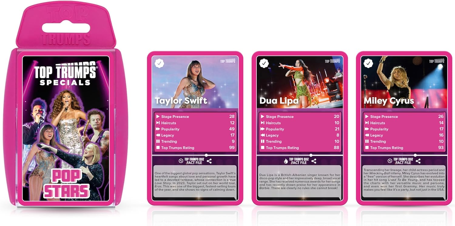 Top Trumps Popstars Classic Card Game, Play with Adele, Beyonce, Harry Styles and Taylor Swift in this educational pack, makes a great gift for ages 6 plus