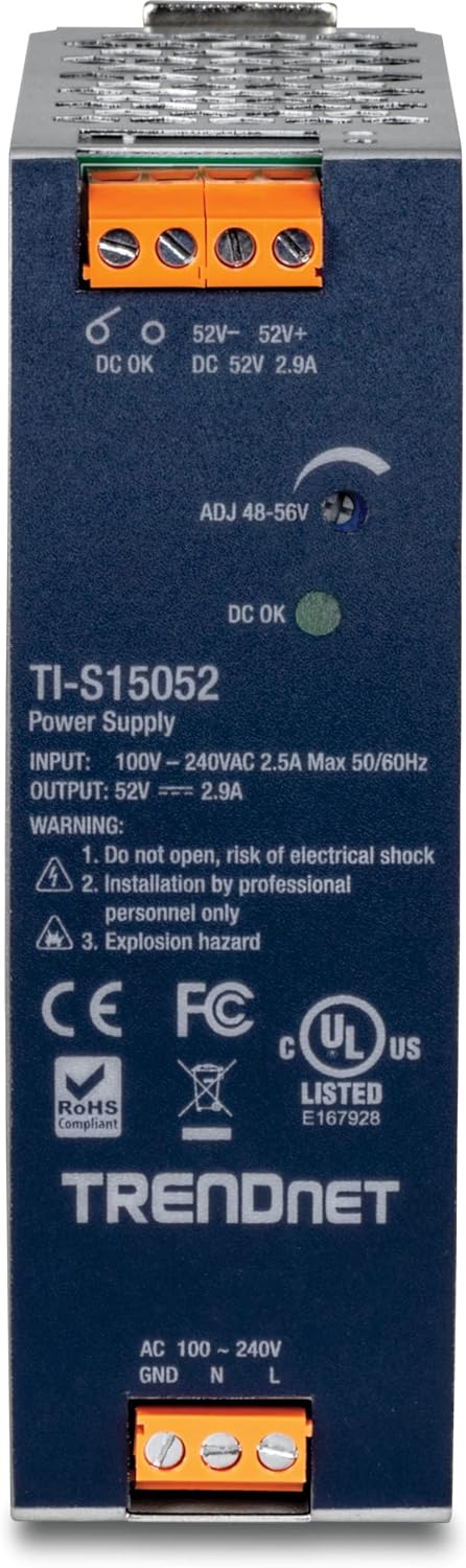 TRENDnet 150W, 52V DC, 2.89A AC to DC DIN-Rail Industrial Power Supply, Built-in Power Factor Controller Function, Extreme Operating Temperature Range -25° – 70° C (-13° – 158° F), Silver, TI-S15052 52V 150W