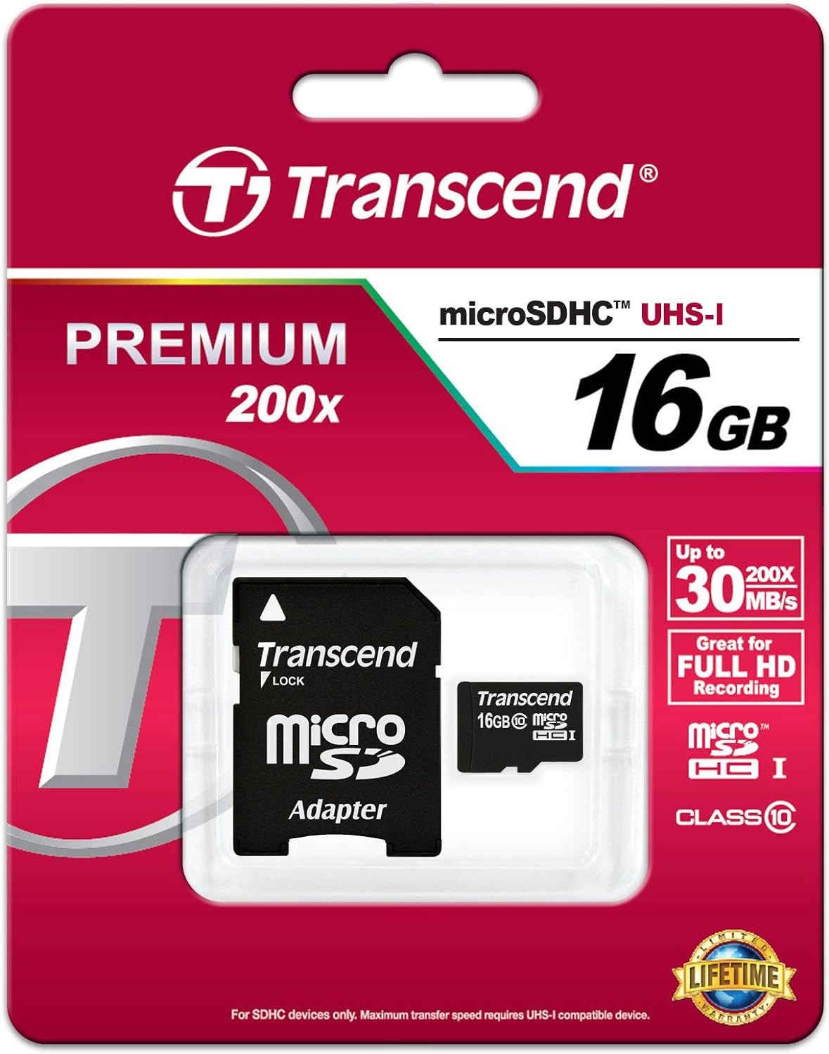 SD microSD Card 16GB Transcend SDHC Class10 w/ada