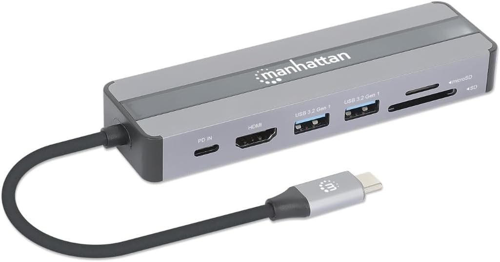 MANHATTAN 7-in-1 Docking Station USB C Male to HDMI Female 4K30Hz 2X USB-A 5Gbps Gigabit RJ45 USB-C PD 87W Card Reader