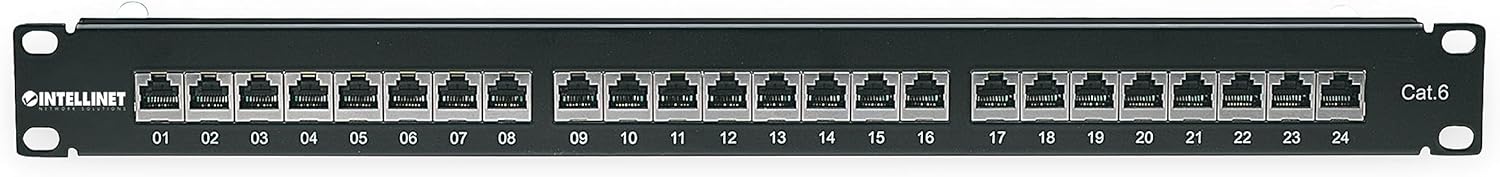Intellinet Patch Panel, Cat6, FTP, 24-Port, 1U, Shielded, 90° Top-Entry Punch-Down Blocks, Black