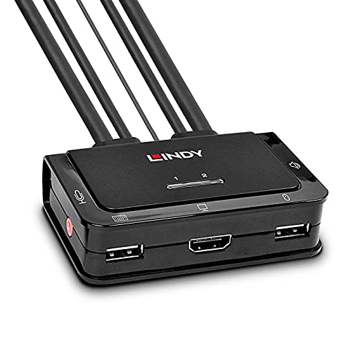 Lindy Conmutador KVM de 2 Puertos HDMI 2.0, USB 2.0 y Cable de Audio