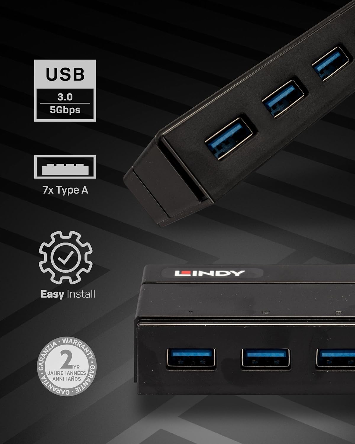 High-Speed Lindy 7-Port USB 3.0 Hub with Enhanced BC 1.2 Charging - Efficient Multi-Device Connection & Fast Charging for PCs and Macs