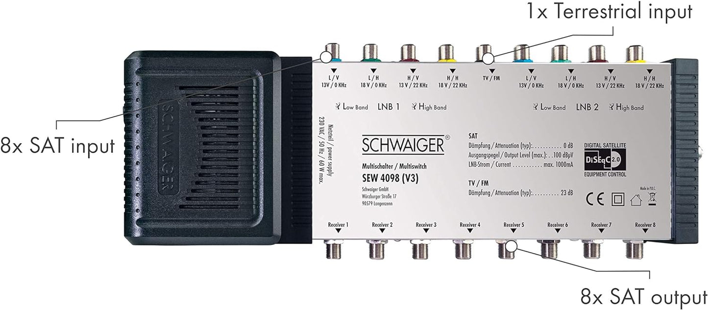 Schwaiger Sat-Multischalter 9 auf 8 Silber
