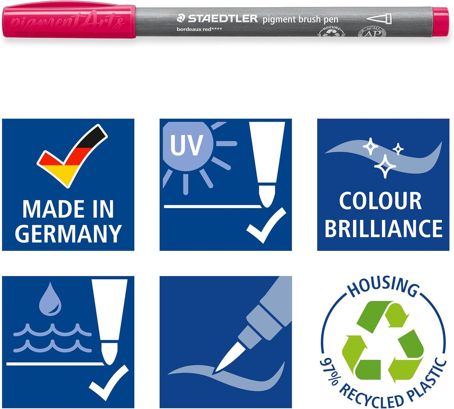 STAEDTLER 371 C6-1 Pigment Arts Brush Pen - Assorted Red & Pink Colours (Pack of 6) Reds & Pinks