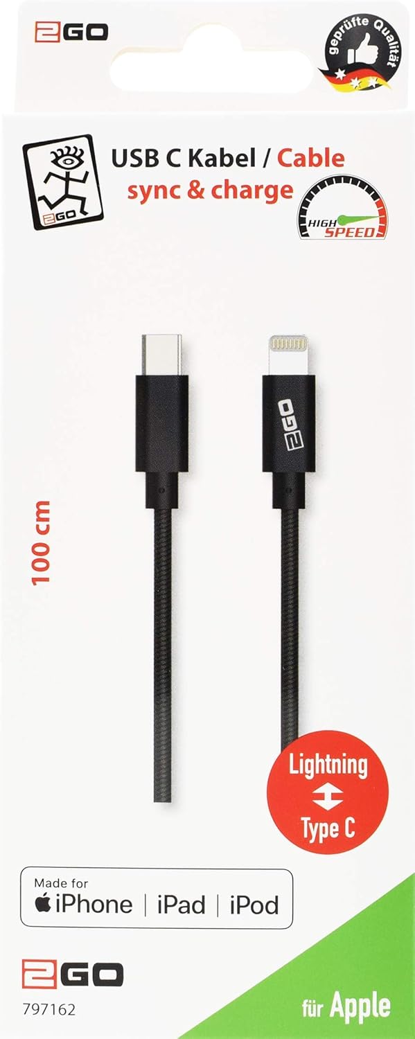 2GO USB C to Lightning Cable 100 cm MFi Certified Power Delivery USB C to Lightning Charging Cable, 20W FastCharge Compatible with iPhone 12/11 Pro/11 Pro Max/X/XS/XR/XS Max / 8, Black