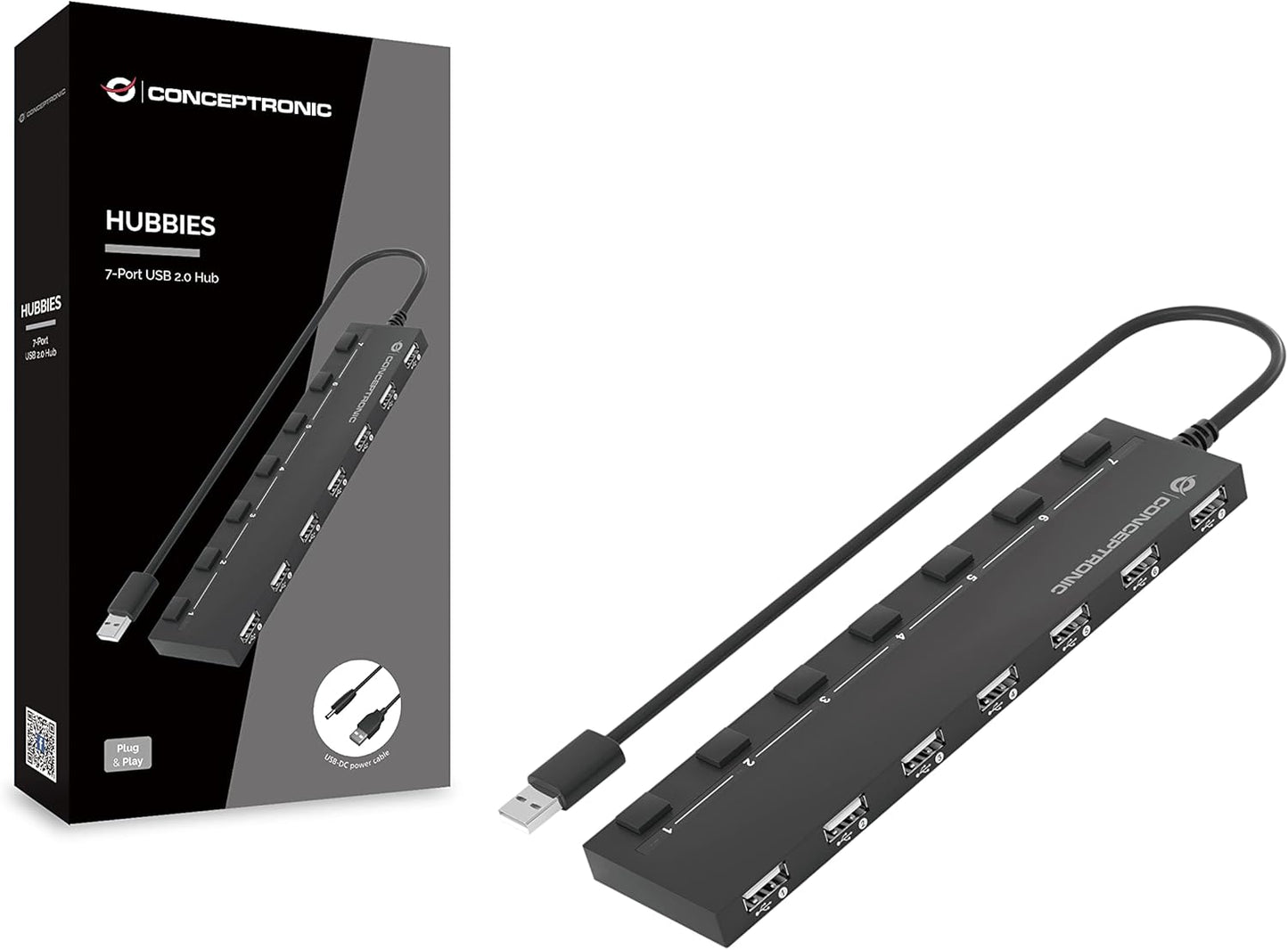 Conceptronic HUBBIES08B USB Hub 7-Port 2.0/7 x 2.0 / Extra without Power Supply/Black