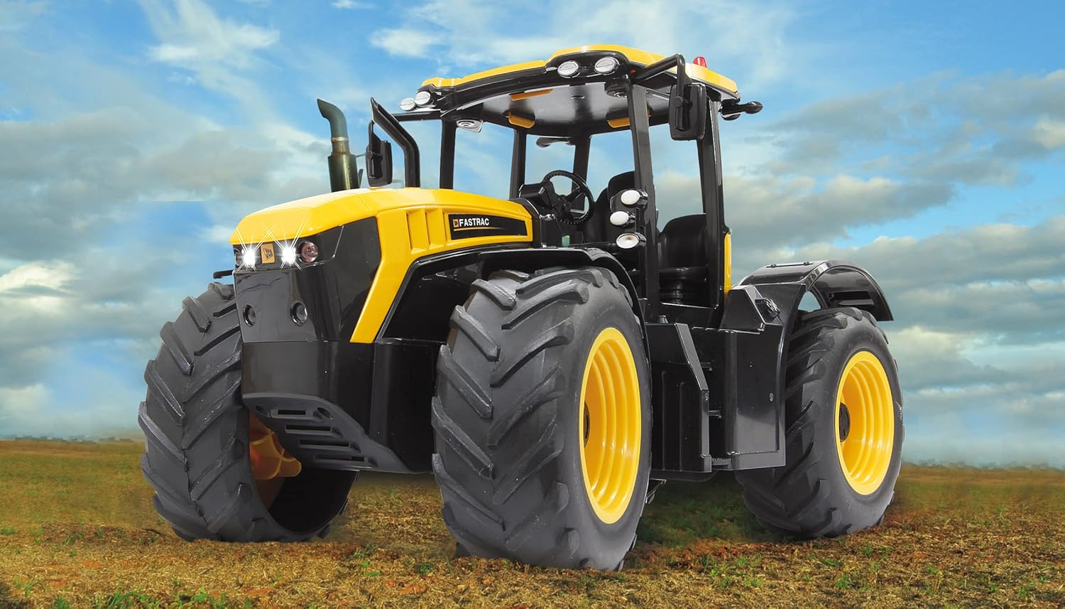 JAMARA JCB Fastrac Tractor 1:16 2.4GHz - Engine Sound (Can Be Turned), Reversing Warning Sound, Horn, 2 Wheel Drive, Profiled Rubber Tyres, LED Light, Indicator, Auto Standby and Demo Mode