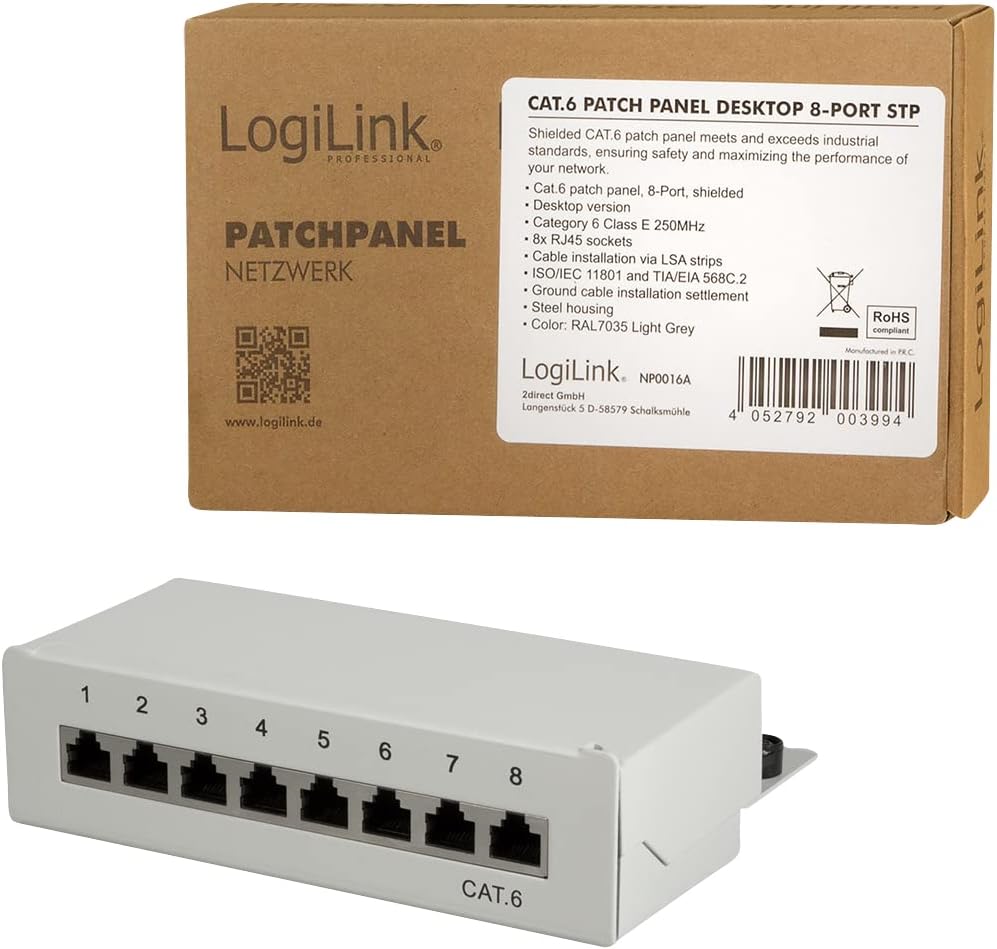 LogiLink Professional Patch Panels, Table/Wall/Desktop, STP (Shielded) light grey 8-Port 8-Port CAT.6 light grey