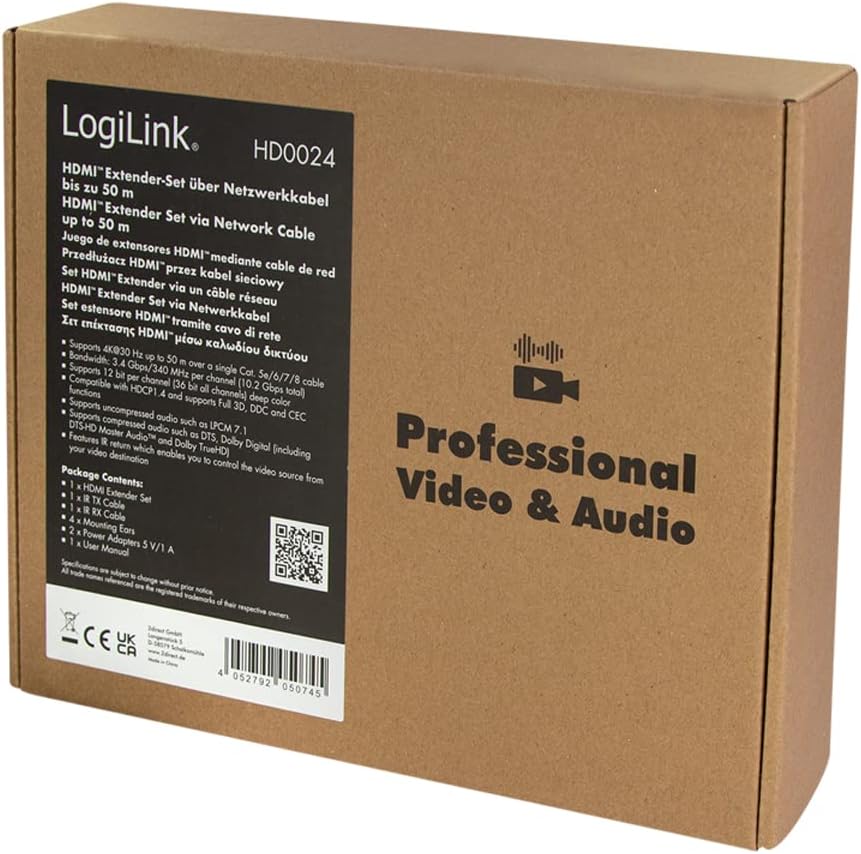 LogiLink HD0024 - HDMI Extender Set Ultra HD (via LAN), 50 m (4K/30Hz) to extend HDMI signals via network cable