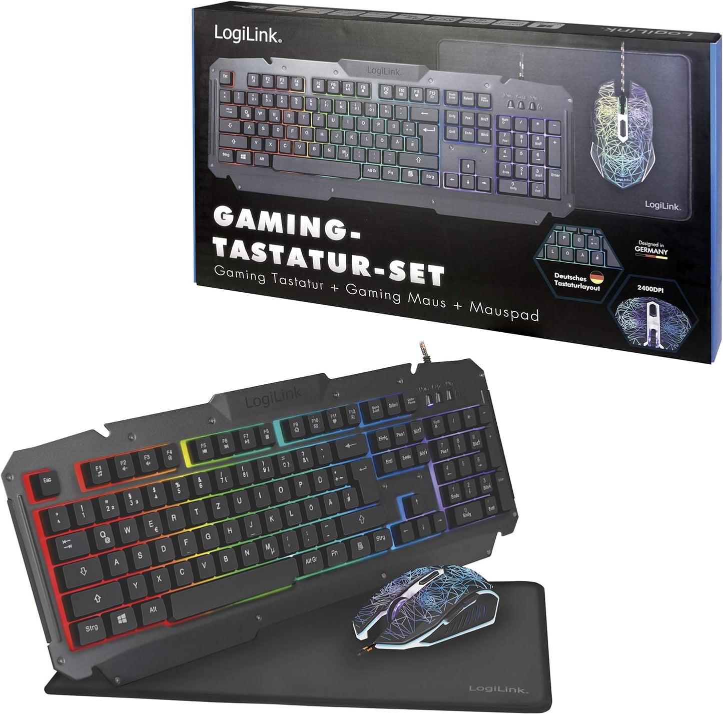LogiLink ID0185 - Gaming Set: Mouse (800-2400dpi - Illuminated) & Keyboard with Stunning Metal Surface + Rainbow LED Backlight & Gaming Mouse Mat (35 x 25 cm)
