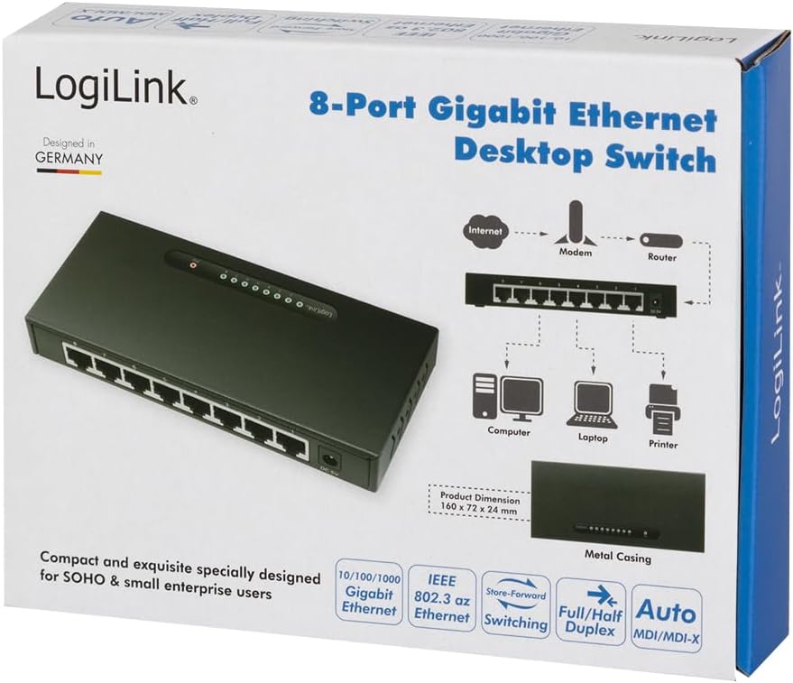 LogiLink NS0111 - Gigabit Ethernet LAN Desktop Netzwerk Switch im Metallgehäuse, QoS, Schaltfeld 10Gbit/s, 8-Port,Schwarz