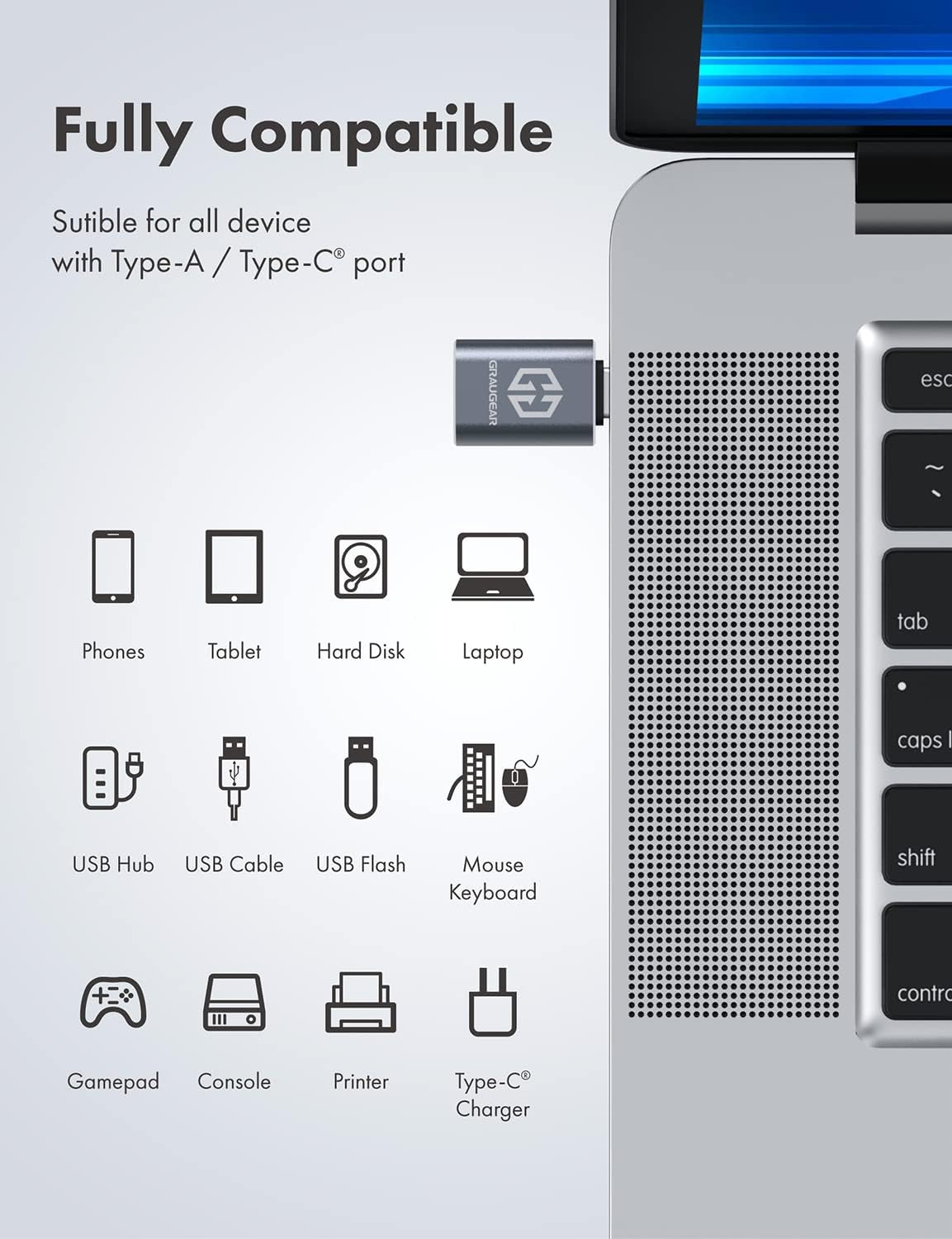 GRAUGEAR | 2 pieces | USB to USB-C adapter | Double sides USB-C | 10 Gbit/s data transfer USB 3.2 Gen 2 | Type-A female to Type-C® male | USB-C to USB 3.1 Gen2 | G-AD-ATC-10G-2