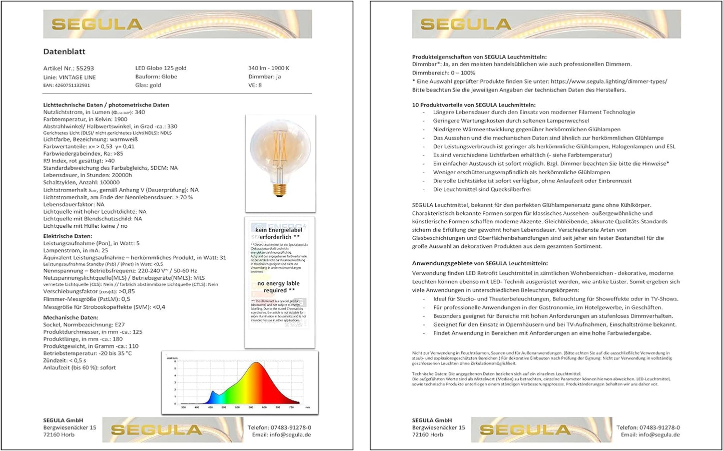 Segula LED Globe 125 gold E27 5W 340Lm 1900K dimmb