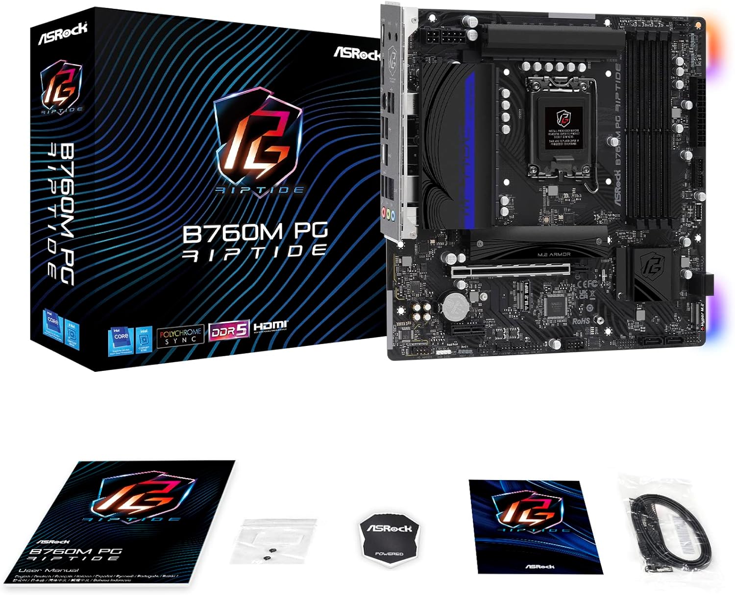 ASRock B760M PG RIPTIDE, Intel B760, 1700, Micro ATX, 4 DDR5, HDMI, DP, 2.5G LAN, PCIe4, RGB, 2x M.2 CPU