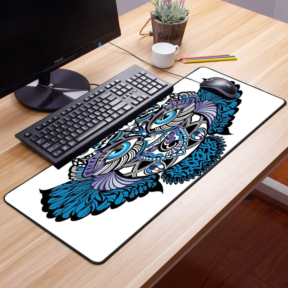 Gaming Mouse Mat, Rubber Base, Tribal, Owl, Bird, Animal with Paisley Tattoo Design with Large Eyelash, Desk Mat, Wipe-Clean, Non-Slip Mat, Multifunctional Office Mouse Mat, 60 x 35 cm